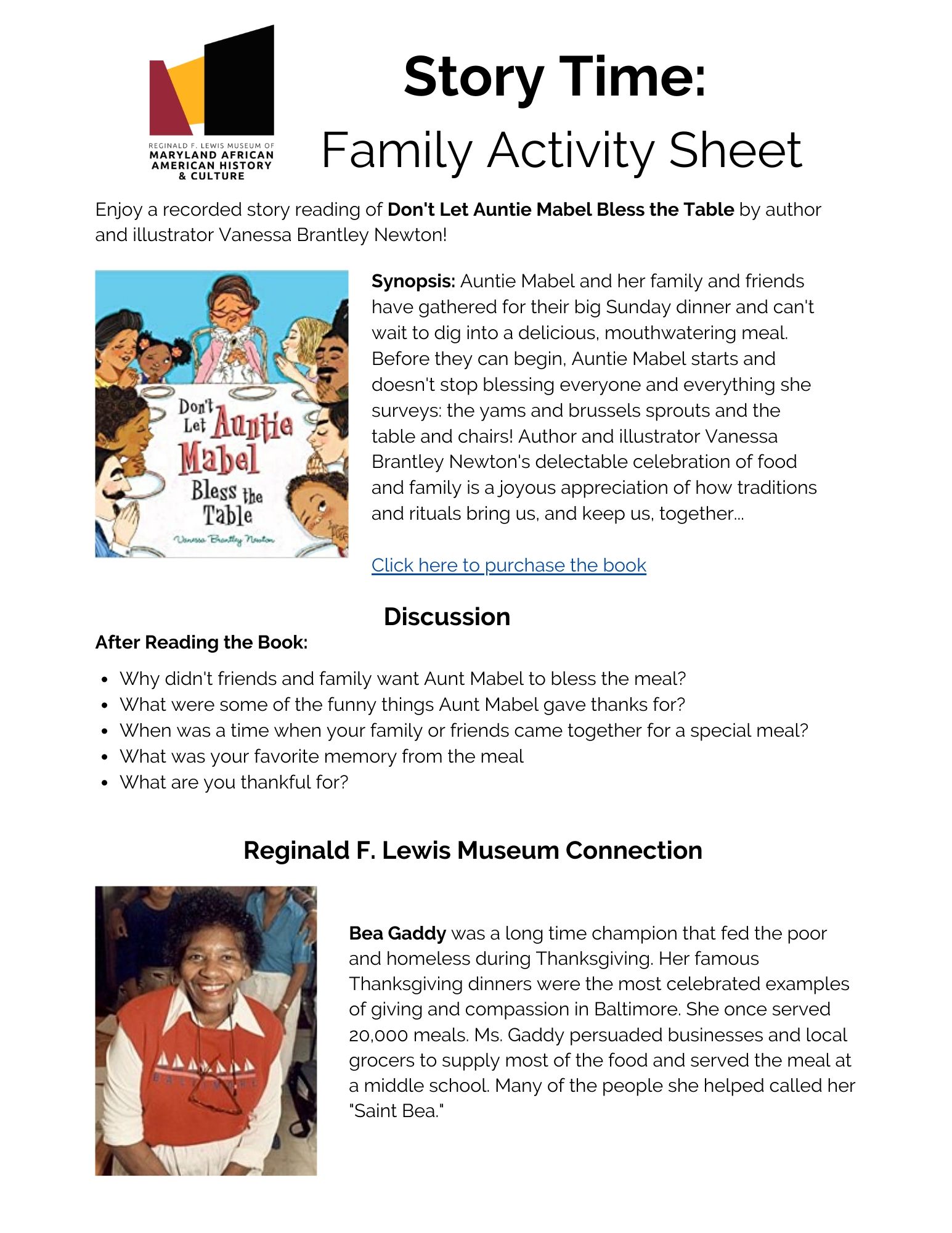 Educational Resources Reginald F Lewis Museum   Story Time Family Activity Worksheet Dont Let Auntie 